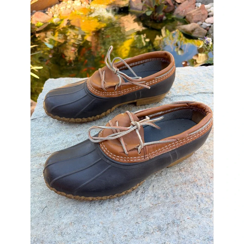 LL Bean Boots Mens 11 Rubber Moc Brown Navy Waterproof Rain Shoes Maine Made